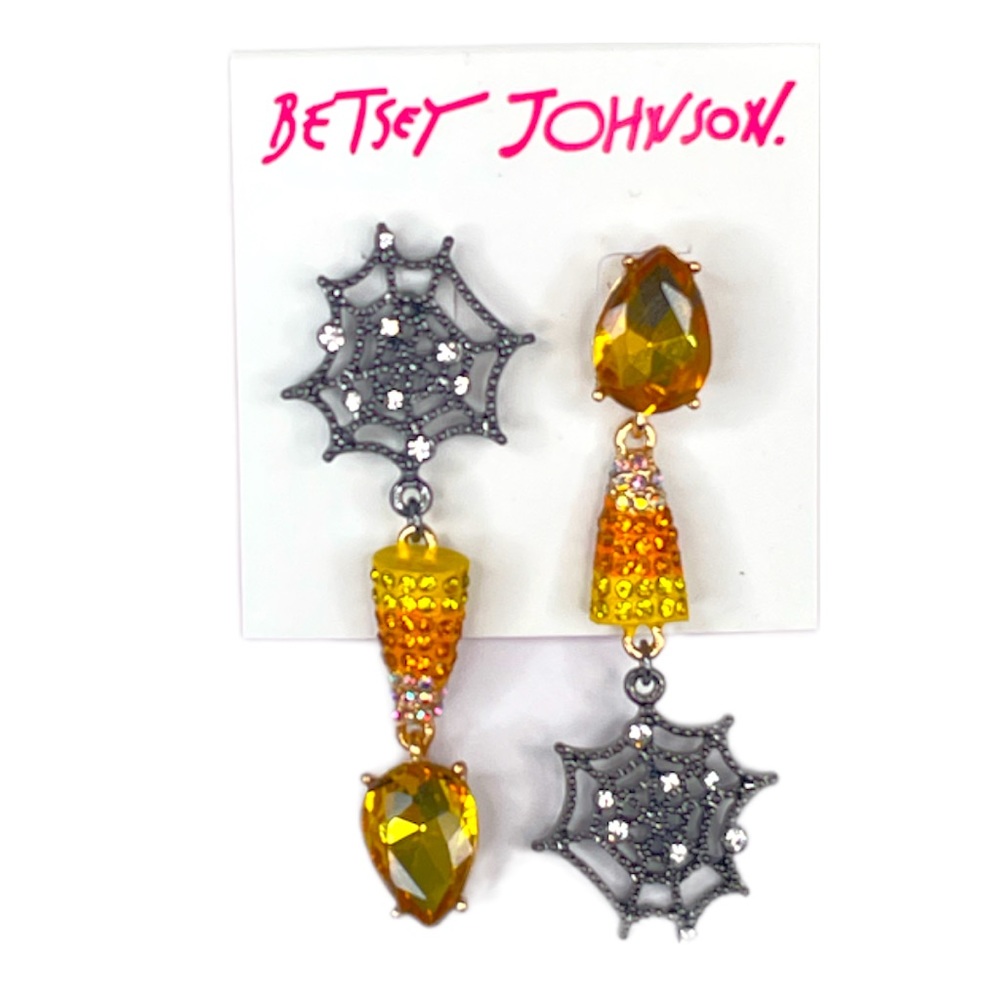 Betsey Johnson Halloween Spiderweb and Candy Corn Mismatched Earrings Black